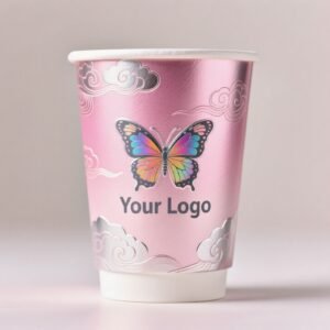Silver Card Embossed Paper Cup | Tearable 3D Semi-Cut Sleeve with Butterfly | Double-Laminated Hot & Cold Cup