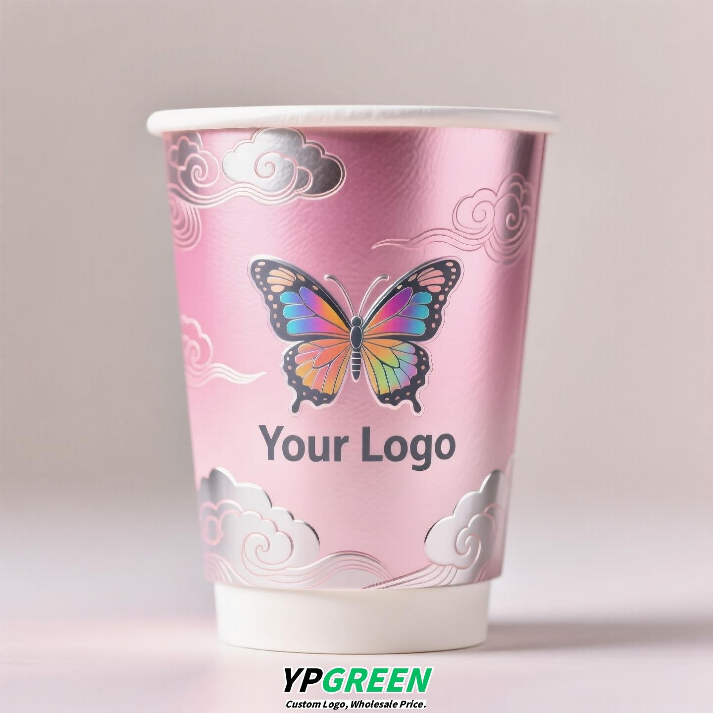 Silver Card Embossed Paper Cup | Tearable 3D Semi-Cut Sleeve with Butterfly | Double-Laminated Hot & Cold Cup