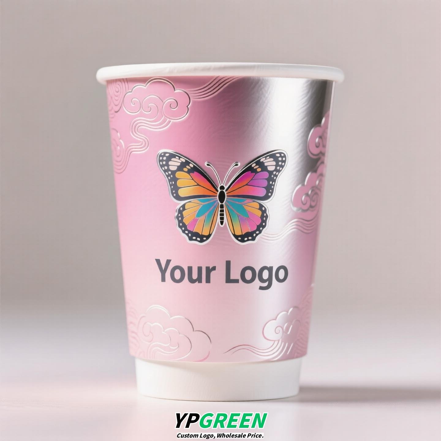 Silver Card Embossed Paper Cup | Tearable 3D Semi-Cut Sleeve with Butterfly | Double-Laminated Hot & Cold Cup