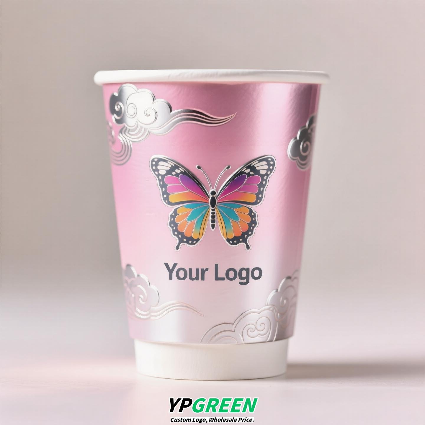 Silver Card Embossed Paper Cup | Tearable 3D Semi-Cut Sleeve with Butterfly | Double-Laminated Hot & Cold Cup