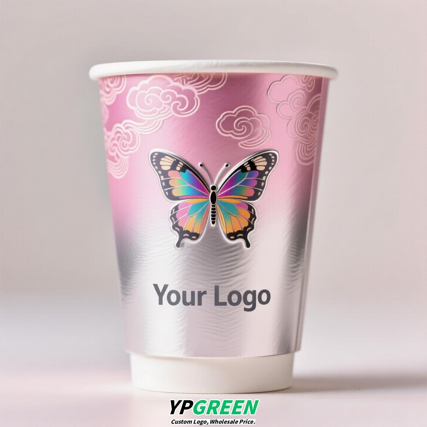 Silver Card Embossed Paper Cup | Tearable 3D Semi-Cut Sleeve with Butterfly | Double-Laminated Hot & Cold Cup
