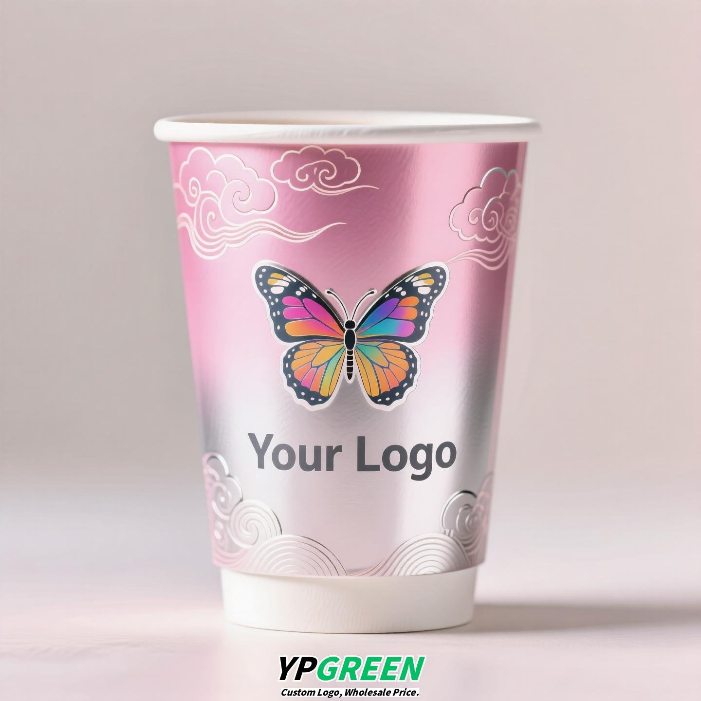 Silver Card Embossed Paper Cup | Tearable 3D Semi-Cut Sleeve with Butterfly | Double-Laminated Hot & Cold Cup