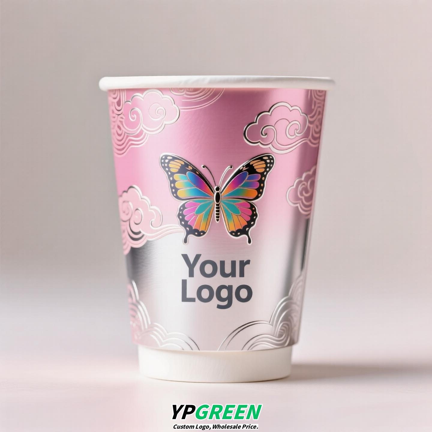 Silver Card Embossed Paper Cup | Tearable 3D Semi-Cut Sleeve with Butterfly | Double-Laminated Hot & Cold Cup