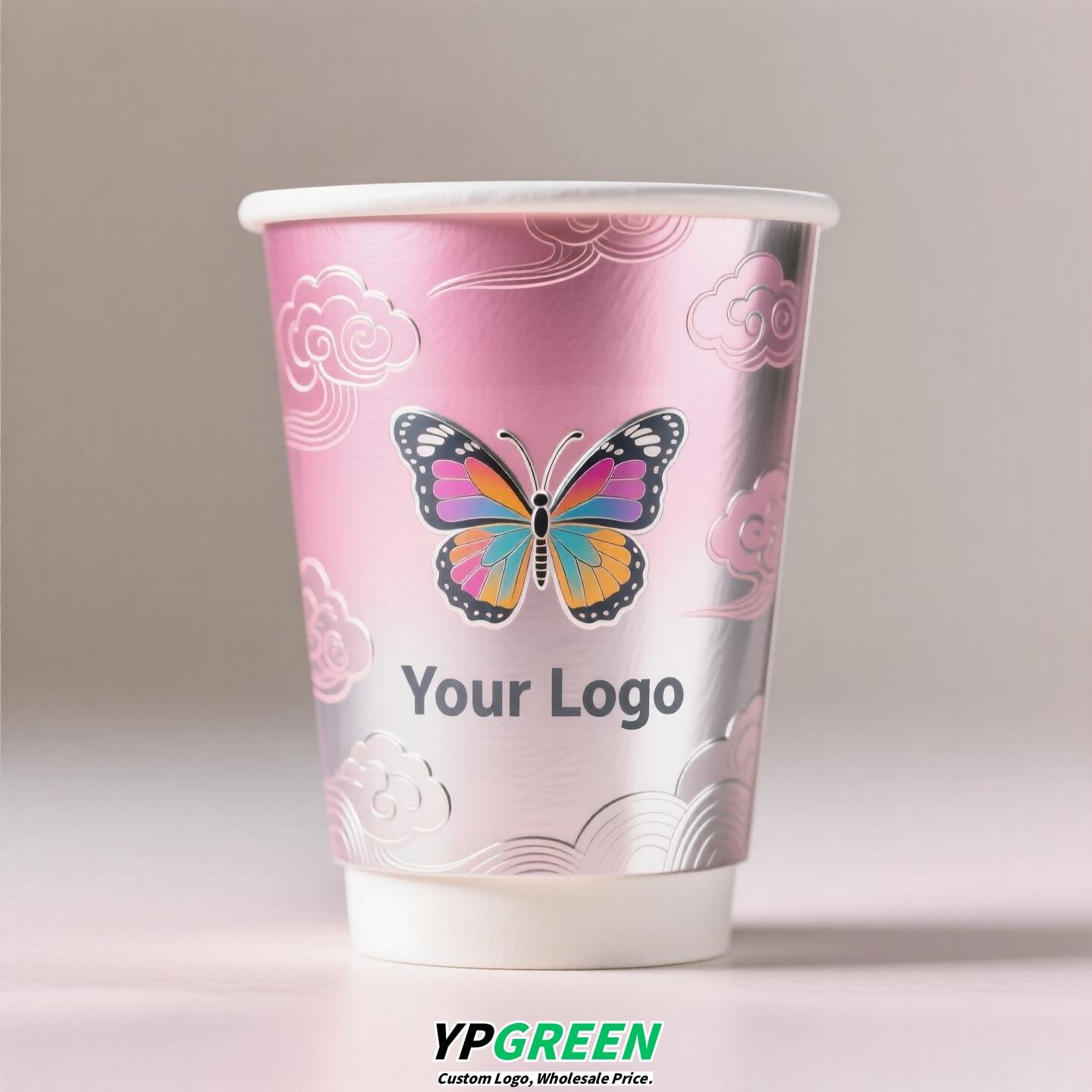 Silver Card Embossed Paper Cup | Tearable 3D Semi-Cut Sleeve with Butterfly | Double-Laminated Hot & Cold Cup