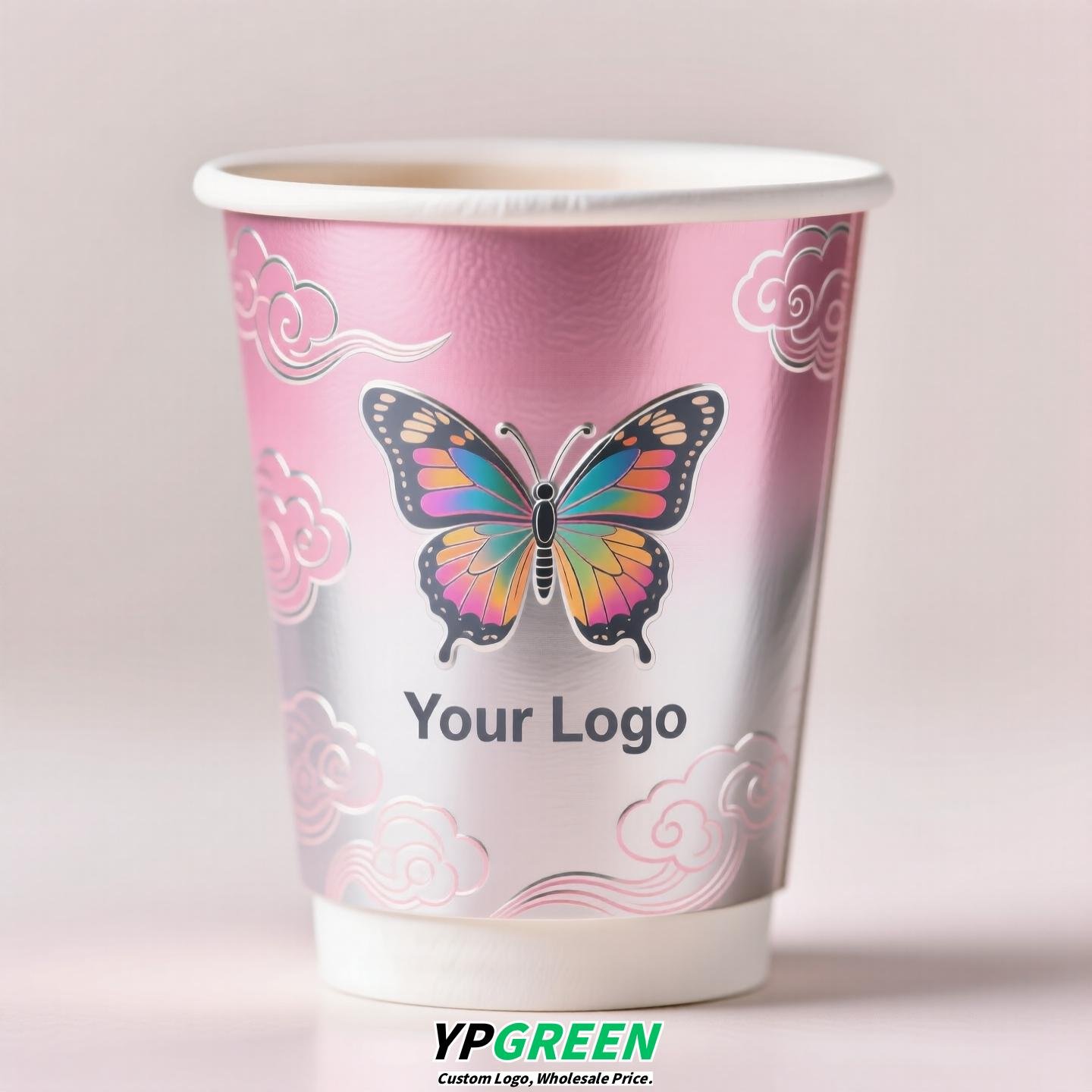 Silver Card Embossed Paper Cup | Tearable 3D Semi-Cut Sleeve with Butterfly | Double-Laminated Hot & Cold Cup