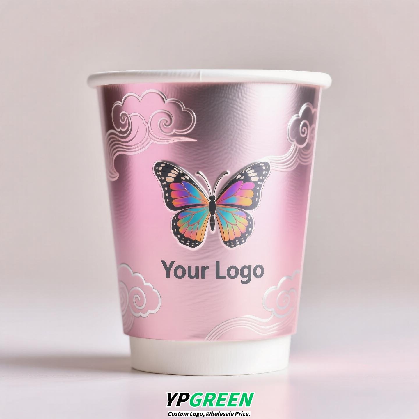 Silver Card Embossed Paper Cup | Tearable 3D Semi-Cut Sleeve with Butterfly | Double-Laminated Hot & Cold Cup