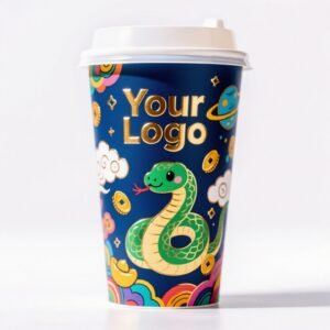 Chinese New Year Snake Design Paper Cups with Lids | Takeaway Coffee & Milk Tea Cups | Festive To-Go Carrier Packaging