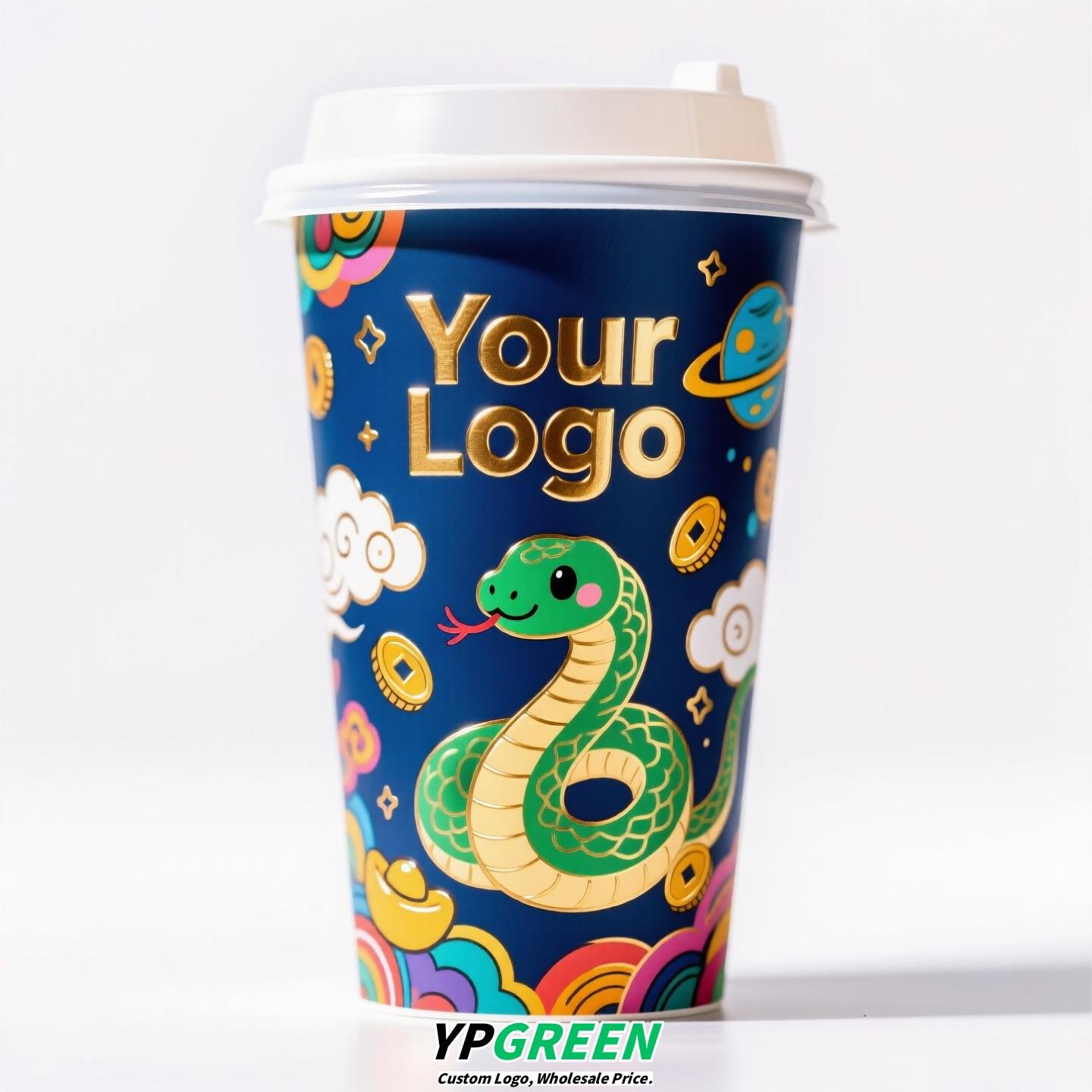 Chinese New Year Snake Design Paper Cups with Lids | Takeaway Coffee & Milk Tea Cups | Festive To-Go Carrier Packaging