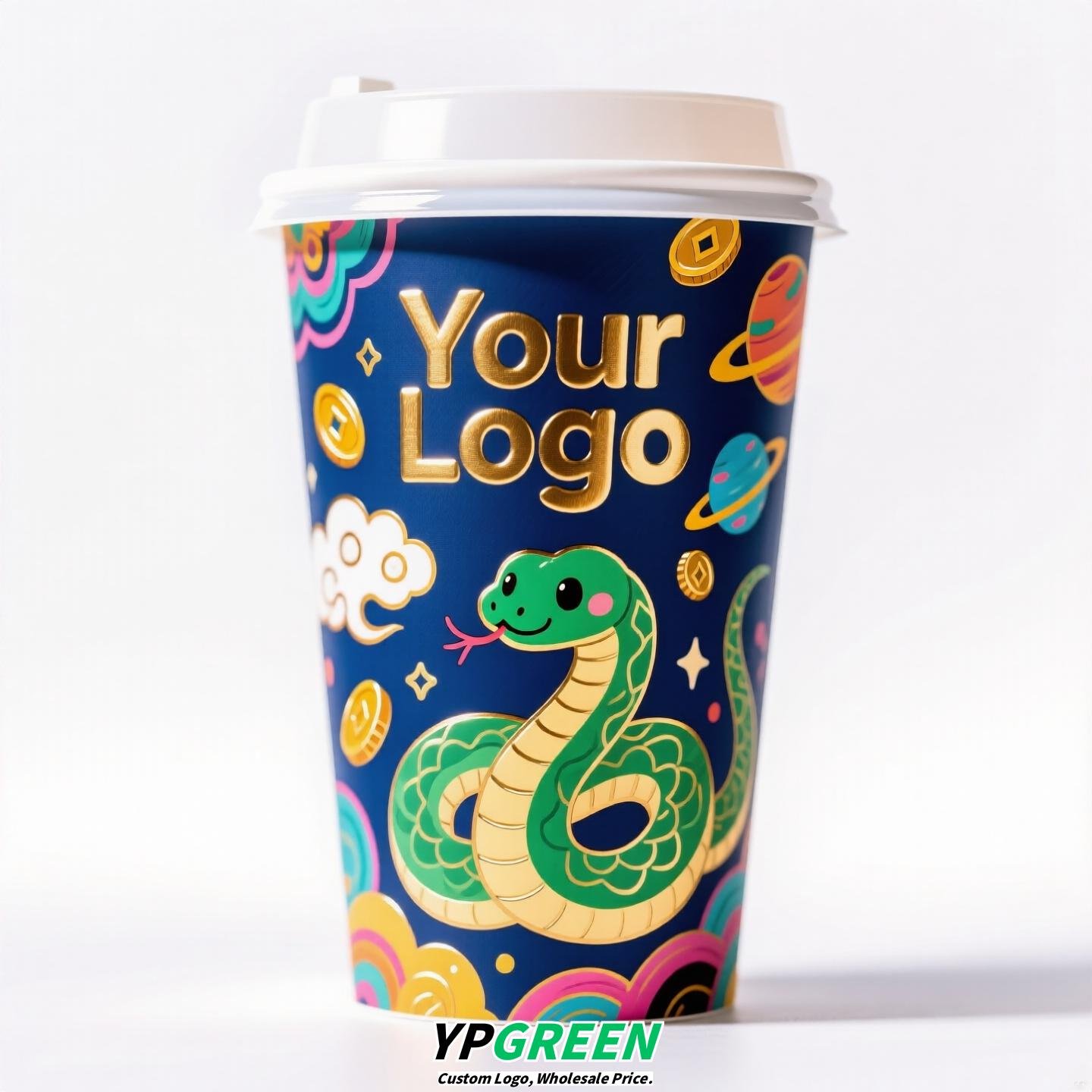 Chinese New Year Snake Design Paper Cups with Lids | Takeaway Coffee & Milk Tea Cups | Festive To-Go Carrier Packaging
