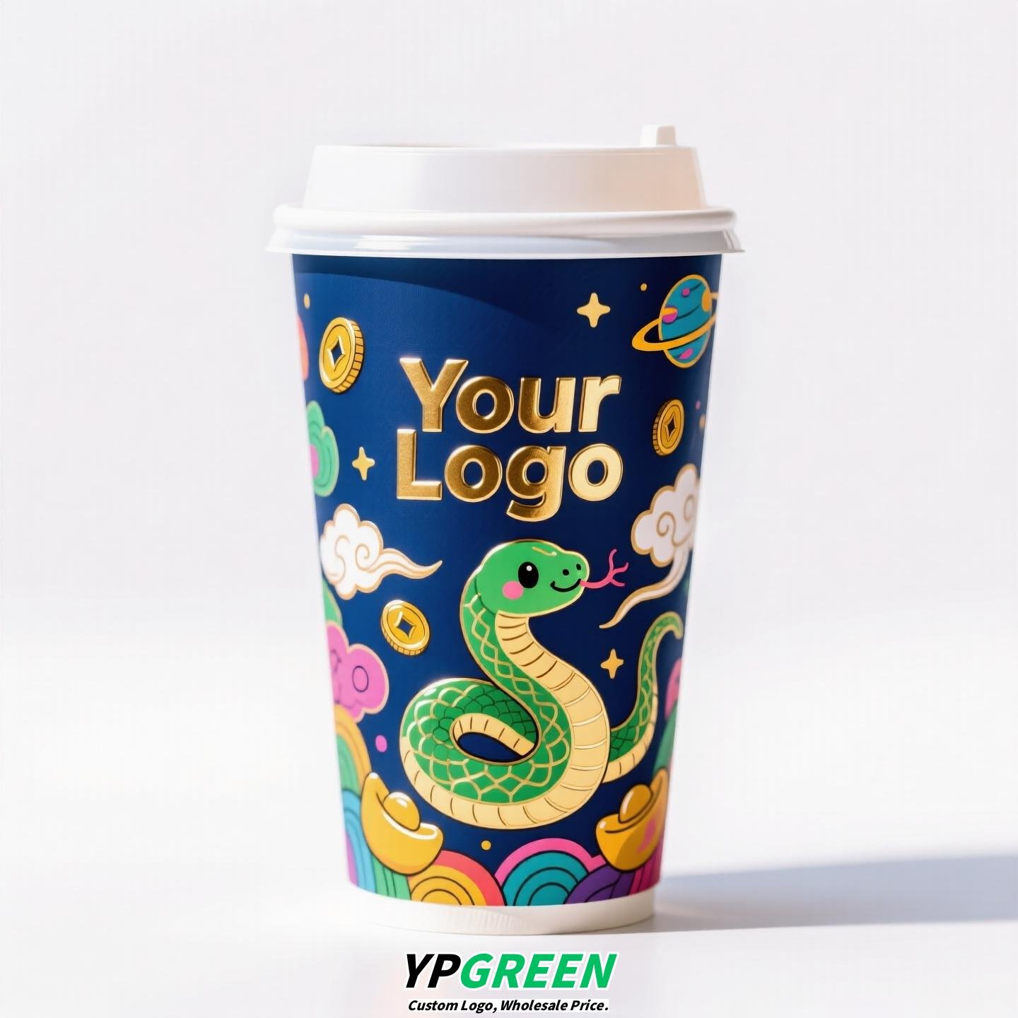 Chinese New Year Snake Design Paper Cups with Lids | Takeaway Coffee & Milk Tea Cups | Festive To-Go Carrier Packaging