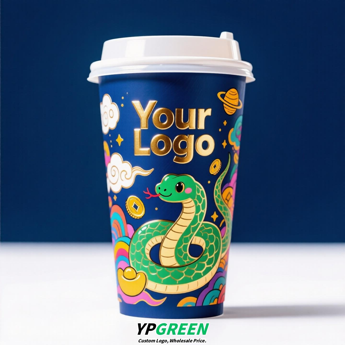 Chinese New Year Snake Design Paper Cups with Lids | Takeaway Coffee & Milk Tea Cups | Festive To-Go Carrier Packaging