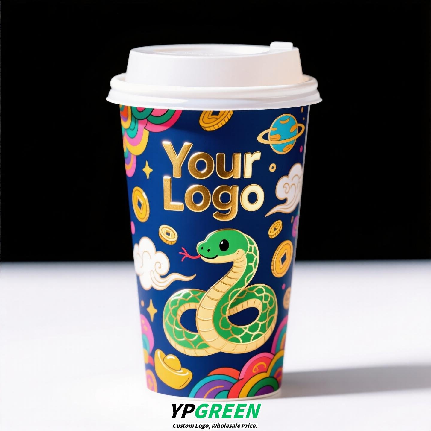 Chinese New Year Snake Design Paper Cups with Lids | Takeaway Coffee & Milk Tea Cups | Festive To-Go Carrier Packaging