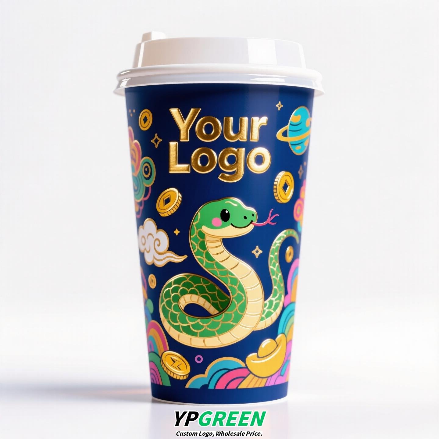 Chinese New Year Snake Design Paper Cups with Lids | Takeaway Coffee & Milk Tea Cups | Festive To-Go Carrier Packaging