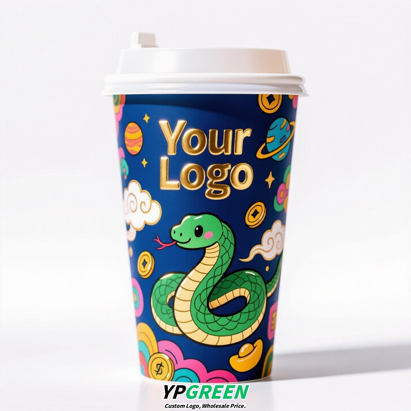 Chinese New Year Snake Design Paper Cups with Lids | Takeaway Coffee & Milk Tea Cups | Festive To-Go Carrier Packaging