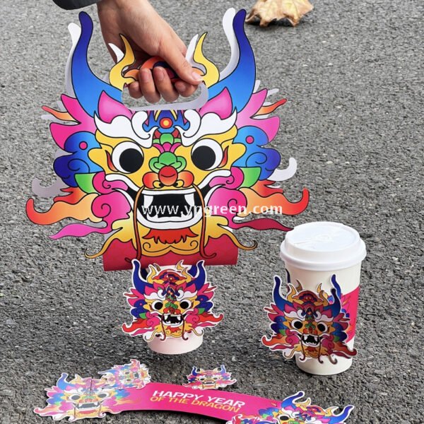 Dragon Year Guochao Cup Holder | Creative Coffee & Milk Tea Paper Cup Carrier | Disposable Trendy Cup Tray for Small Business Use