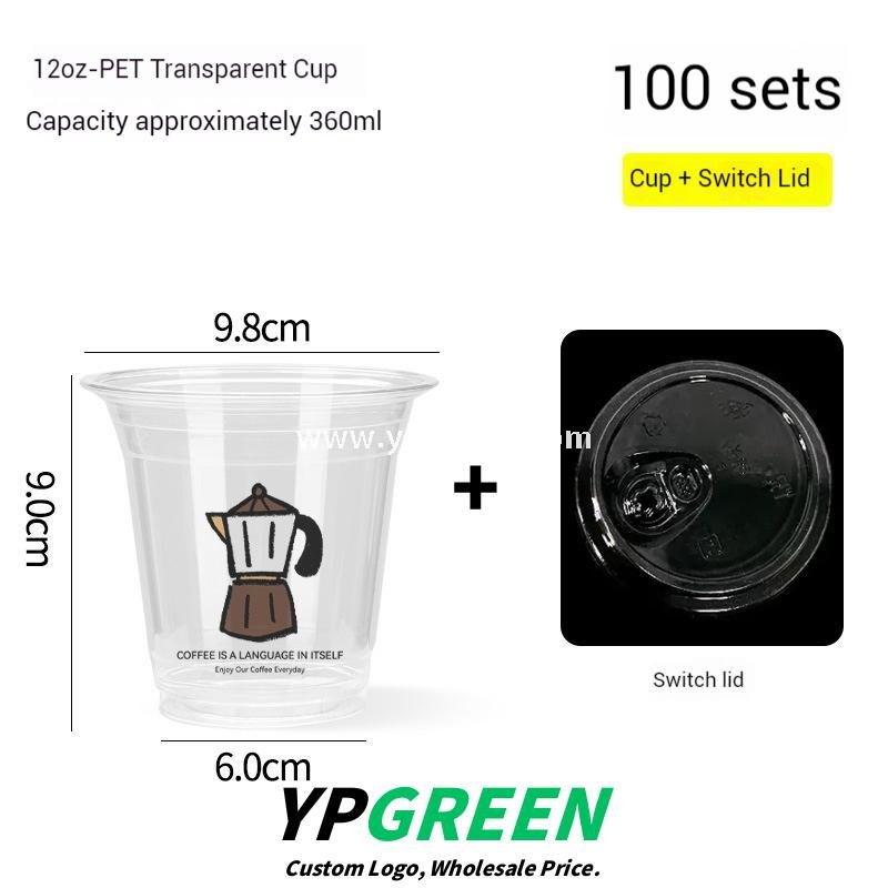 12oz PET Clear Cup + White Utensils Coffee Paper Cup | Flat Oil-Proof Back-Sealed Bag & Single/Double Cup Carrier