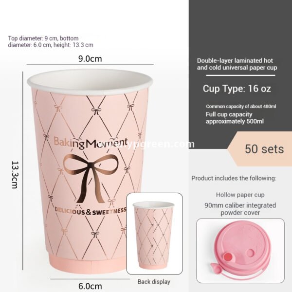 16oz Pink Bow Paper Cup –  500ml Double PE Hot & Cold Coffee Cup with Thermal Foil Non-Woven Bag Wholesale Factory