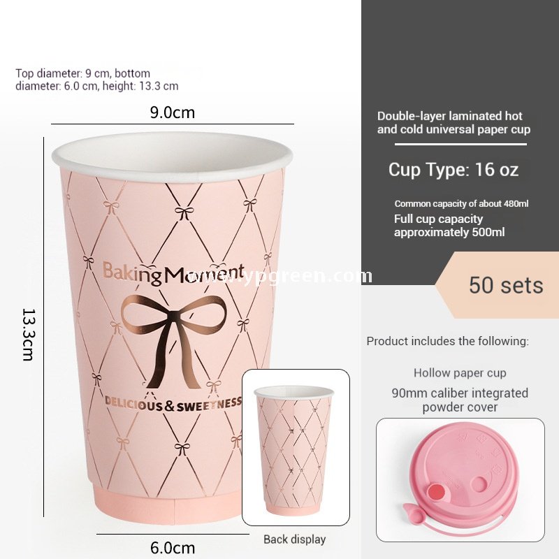 16oz Pink Bow Paper Cup – 500ml Double PE Hot & Cold Coffee Cup with Thermal Foil Non-Woven Bag Wholesale Factory