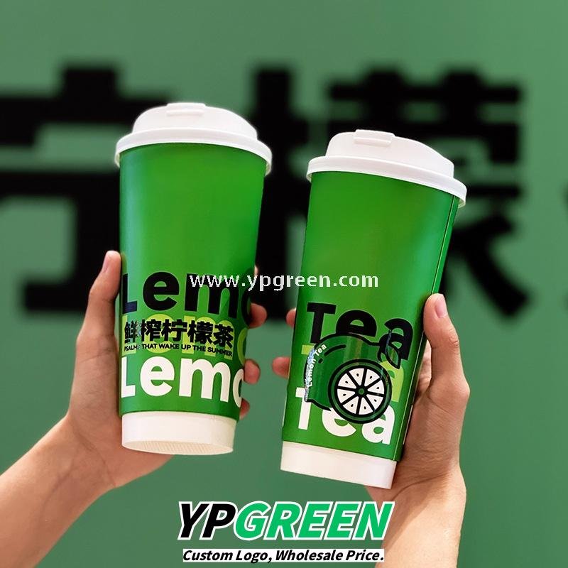 22 oz Fresh Green Disposable Lemon Tea Cups – 700ml Double PE Coated Paper with PET Lid for Cold Beverages