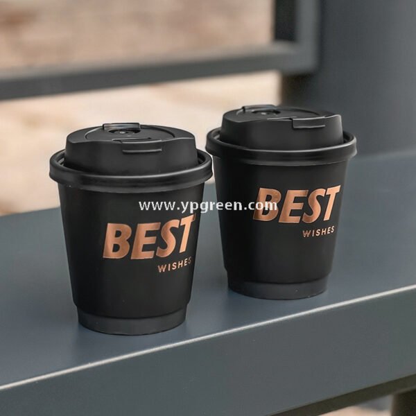 10oz Black Foil Stamping Coffee Paper Cups – 330ml Bronze Hollow Double Wall Takeaway Cups Wholesale Factory