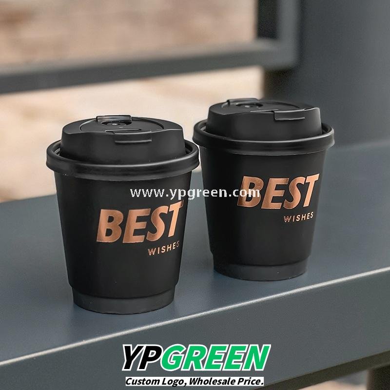 10oz Black Foil Stamping Coffee Paper Cups – 330ml Bronze Hollow Double Wall Takeaway Cups Wholesale Factory