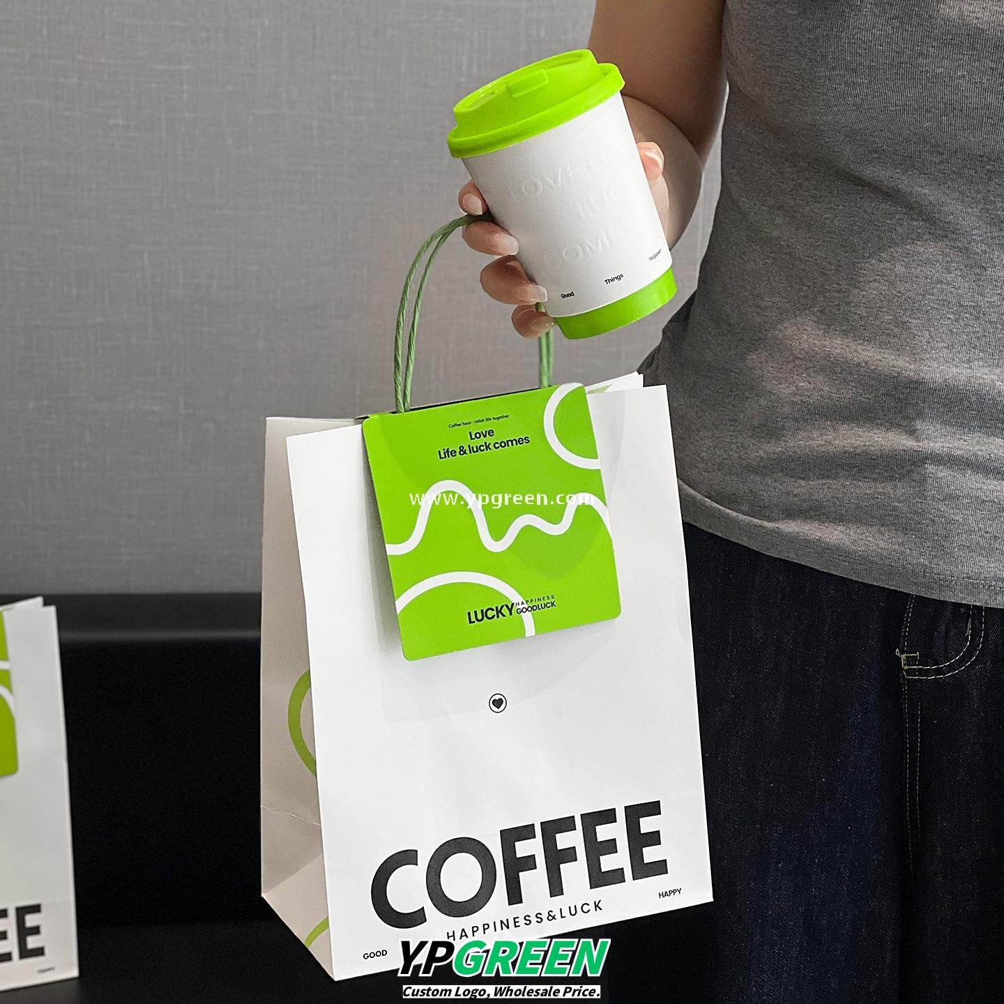 420ml Deep Embossed Coffee Cup with Fluorescent Green Lid + COFFEE Tote Bag – Double PE Lined Hot & Cold Cup Wholesale