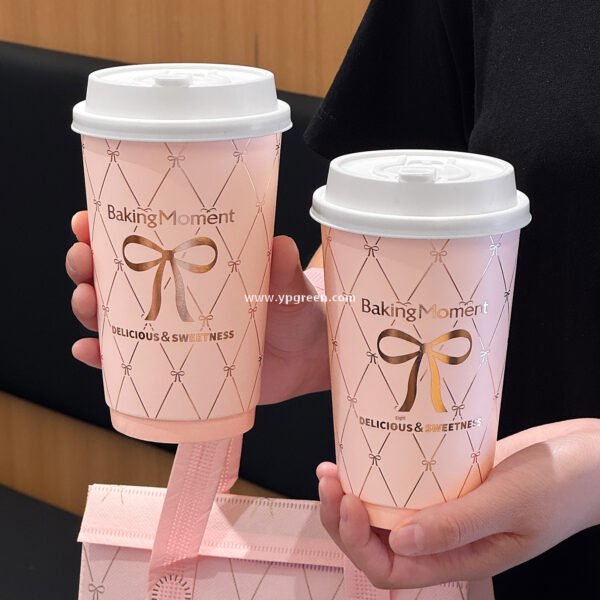 16oz Pink Bow Paper Cup –  500ml Double PE Hot & Cold Coffee Cup with Thermal Foil Non-Woven Bag Wholesale Factory
