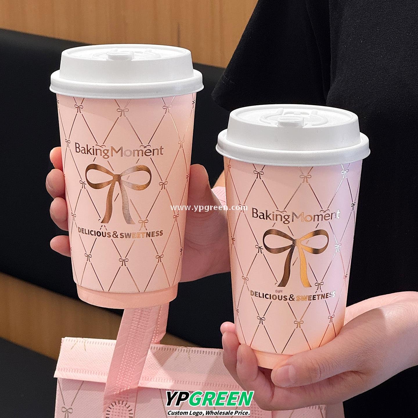 16oz Pink Bow Paper Cup – 500ml Double PE Hot & Cold Coffee Cup with Thermal Foil Non-Woven Bag Wholesale Factory