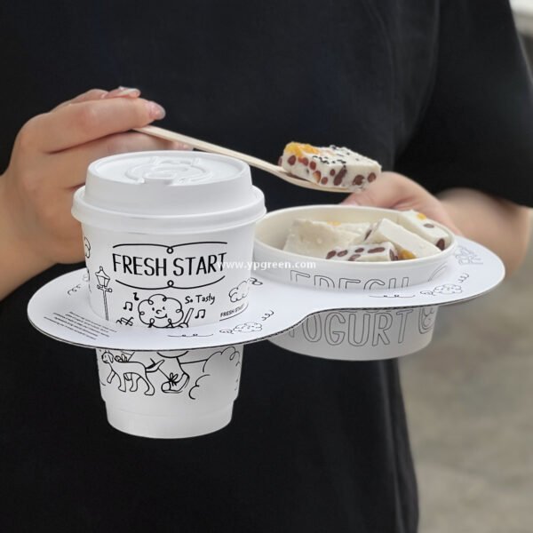 Dual Holder for Yogurt Coffee Packaging 12oz Paper Cup + Ice Cream Bowl Takeaway Set