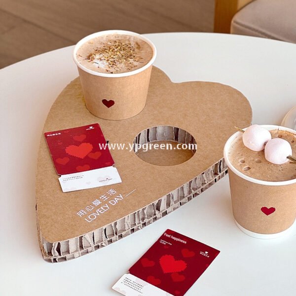 Heart-Shaped Honeycomb Paper Cup Holder | Corrugated Coffee Combo Tray | Disposable Milk Tea & Exhibition Tasting Cup Display with Custom Printing