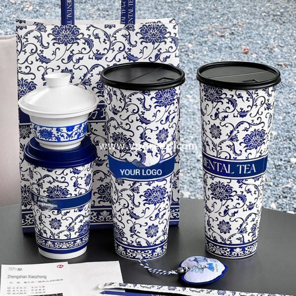 12oz/16oz/20oz Blue & White Porcelain Style Milk Tea Paper Cups with Insulated Non-Woven Aluminum Foil Bag