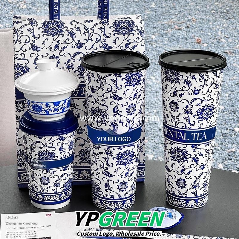 12oz/16oz/20oz Blue & White Porcelain Style Milk Tea Paper Cups with Insulated Non-Woven Aluminum Foil Bag