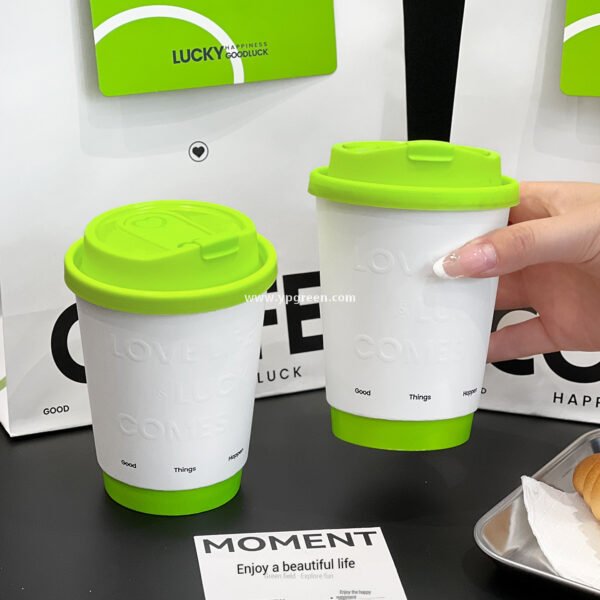 420ml Deep Embossed Coffee Cup with Fluorescent Green Lid + COFFEE Tote Bag – Double PE Lined Hot & Cold Cup Wholesale