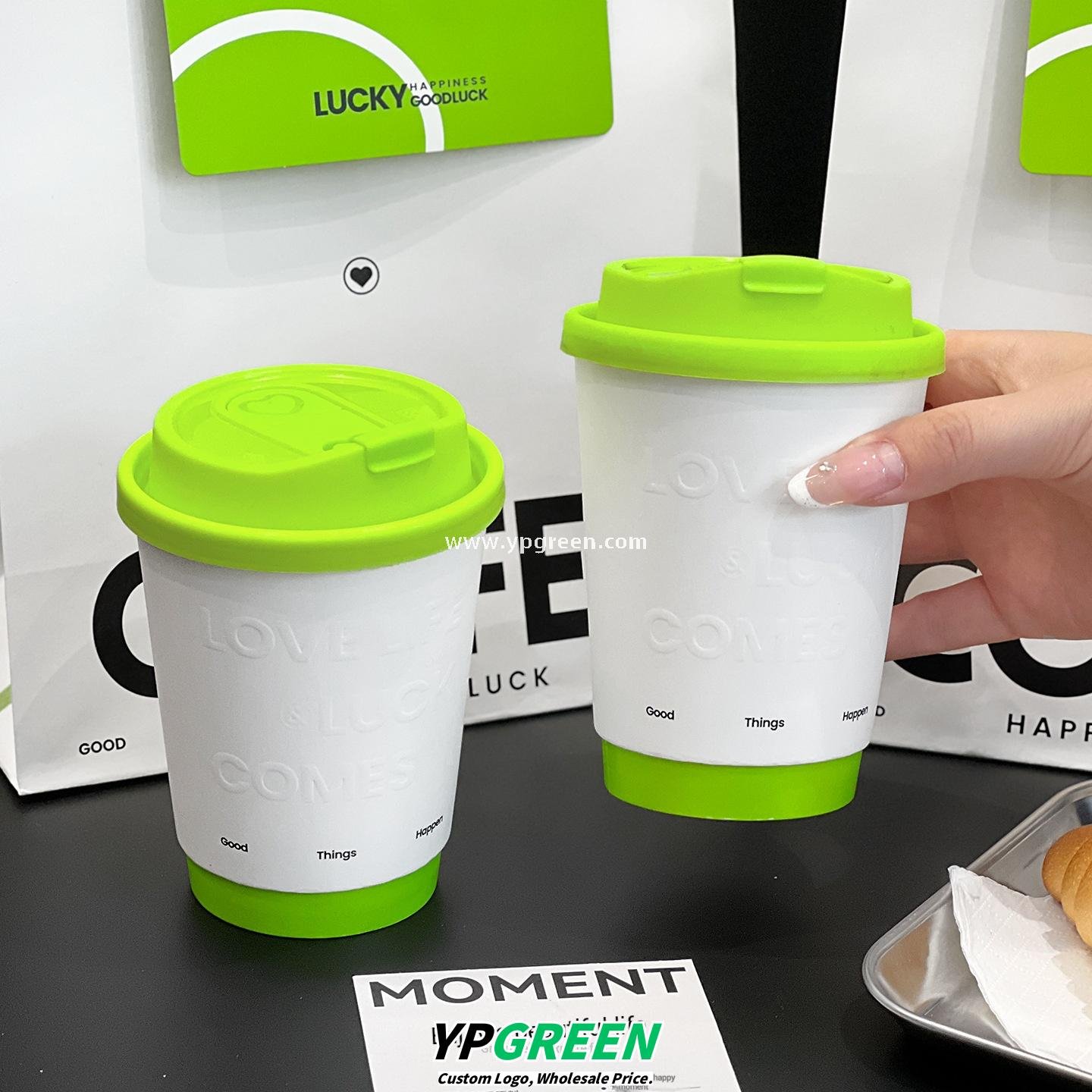 420ml Deep Embossed Coffee Cup with Fluorescent Green Lid + COFFEE Tote Bag – Double PE Lined Hot & Cold Cup Wholesale