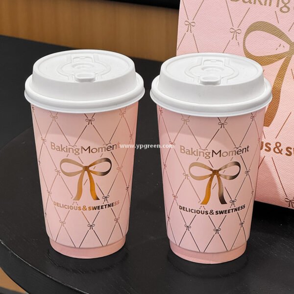 16oz Pink Bow Paper Cup –  500ml Double PE Hot & Cold Coffee Cup with Thermal Foil Non-Woven Bag Wholesale Factory