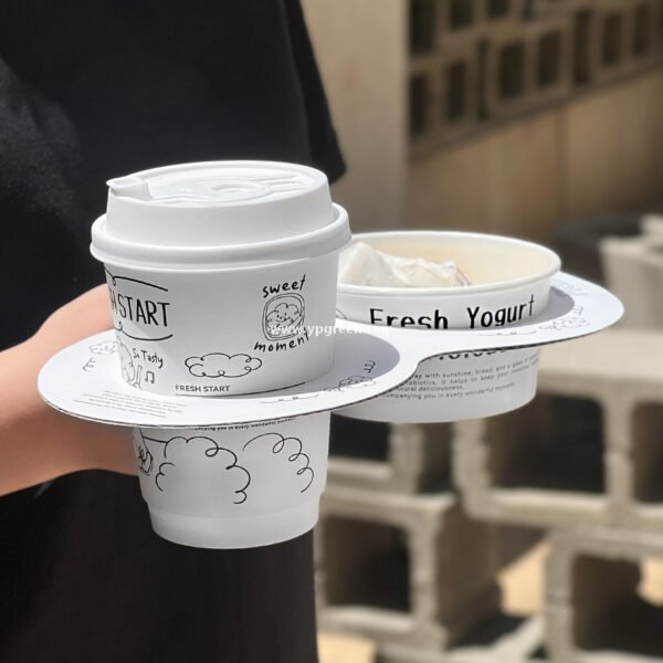 Dual Holder for Yogurt Coffee Packaging 12oz Paper Cup + Ice Cream Bowl Takeaway Set