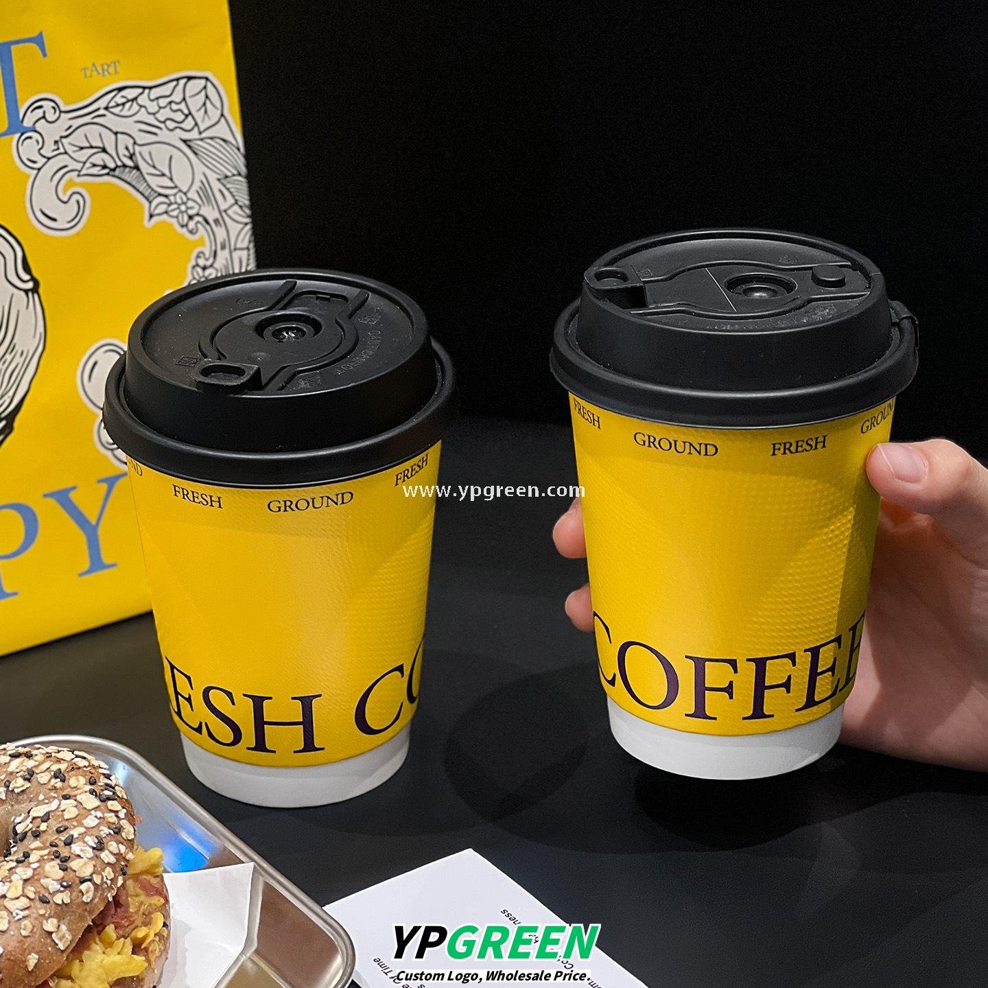 12oz Yellow Embossed Hollow Paper Cup 400ml Double Wall Coffee Cup 9x6x11.2cm Supplier