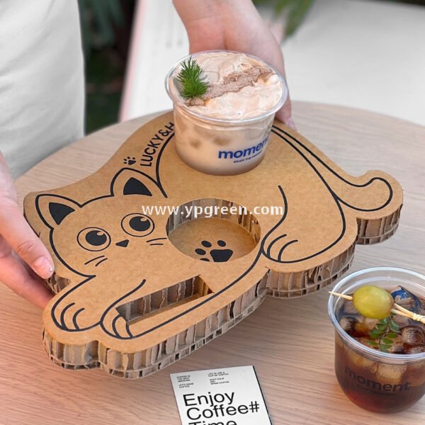 Cat Design Coffee Cup Carrier | Honeycomb Corrugated Cardboard Drink Tray Supplier
