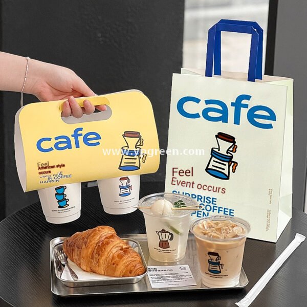 12oz PET Clear Cup + White Utensils Coffee Paper Cup | Flat Oil-Proof Back-Sealed Bag & Single/Double Cup Carrier