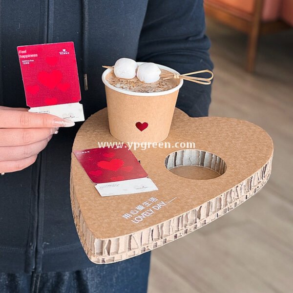 Heart-Shaped Honeycomb Paper Cup Holder | Corrugated Coffee Combo Tray | Disposable Milk Tea & Exhibition Tasting Cup Display with Custom Printing