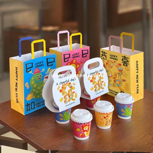 Chinese New Year Snake Design Paper Cups with Lids | Takeaway Coffee & Milk Tea Cups | Festive To-Go Carrier Packaging