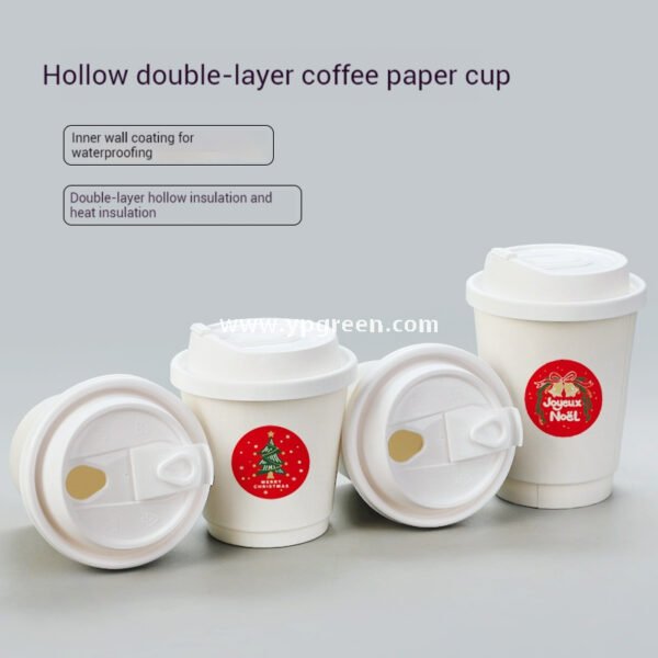 Thickened Hollow Double-Wall Paper Cup | Christmas Sticker Design | Inner Lamination Leak-Proof & Heat-Insulated Coffee Cup