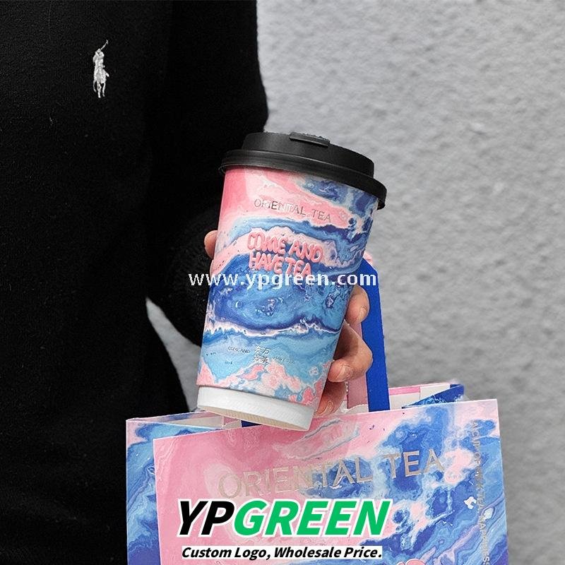 16oz Ocean Painting Style Embossed Hollow Coffee Paper Cups – 480ml Double Wall Milk Tea Cups Factory Wholesale