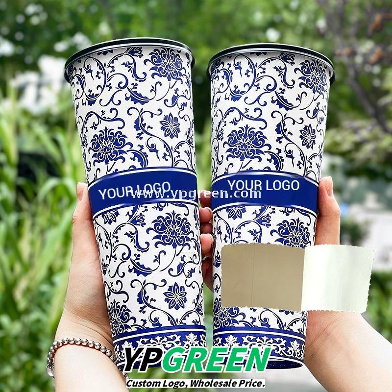 12oz/16oz/20oz Blue & White Porcelain Style Milk Tea Paper Cups with Insulated Non-Woven Aluminum Foil Bag
