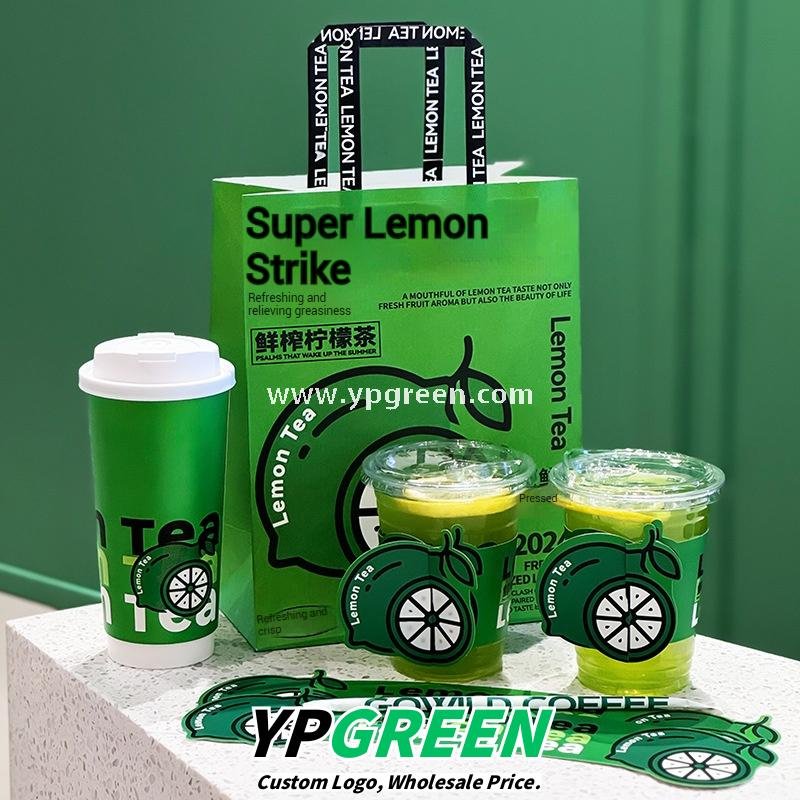 22 oz Fresh Green Disposable Lemon Tea Cups – 700ml Double PE Coated Paper with PET Lid for Cold Beverages