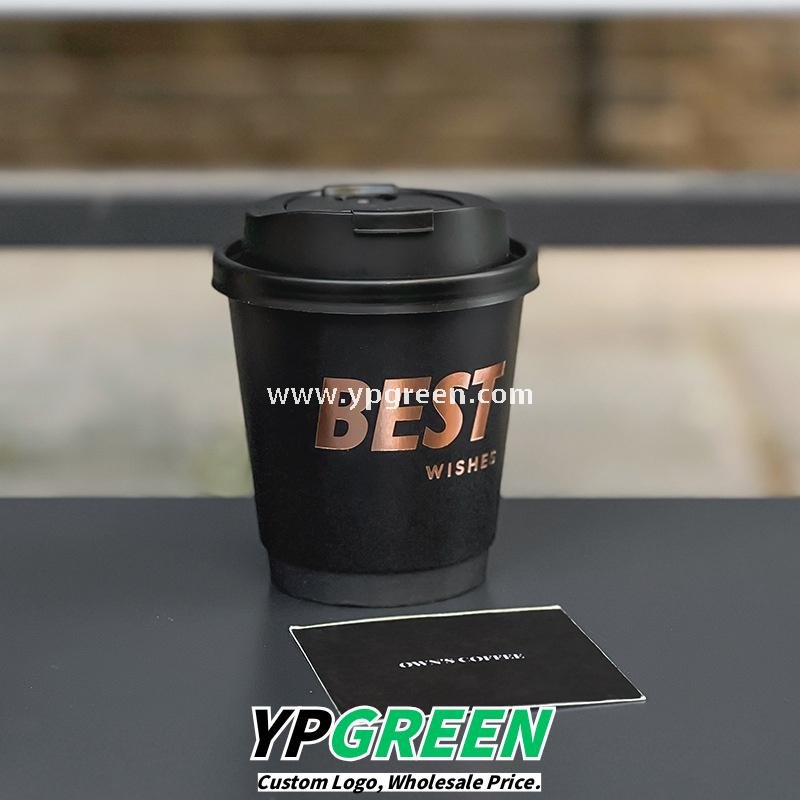 10oz Black Foil Stamping Coffee Paper Cups – 330ml Bronze Hollow Double Wall Takeaway Cups Wholesale Factory