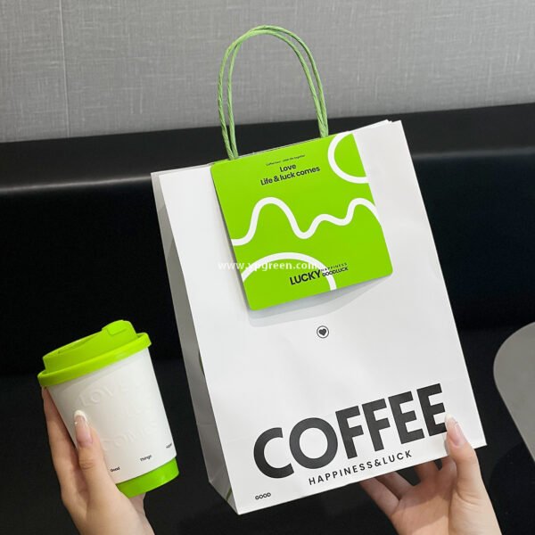 420ml Deep Embossed Coffee Cup with Fluorescent Green Lid + COFFEE Tote Bag – Double PE Lined Hot & Cold Cup Wholesale