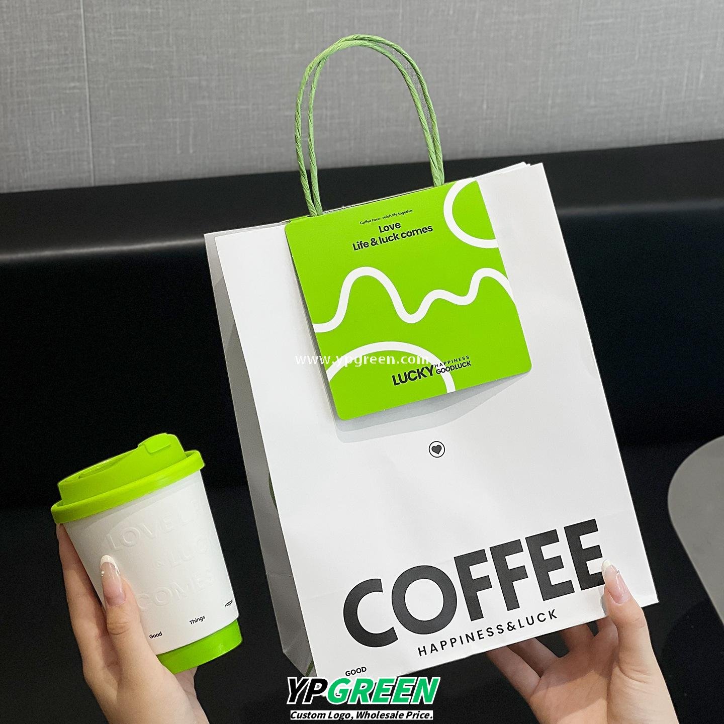 420ml Deep Embossed Coffee Cup with Fluorescent Green Lid + COFFEE Tote Bag – Double PE Lined Hot & Cold Cup Wholesale