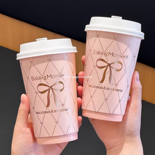 16oz Pink Bow Paper Cup –  500ml Double PE Hot & Cold Coffee Cup with Thermal Foil Non-Woven Bag Wholesale Factory