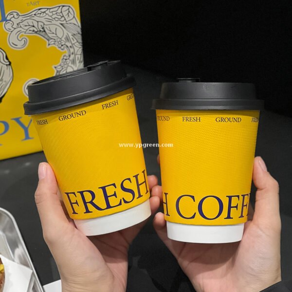 12oz Yellow Embossed Hollow Paper Cup 400ml Double Wall Coffee Cup 9x6x11.2cm Supplier